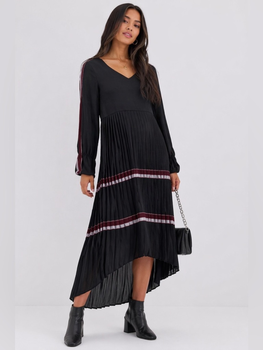 🖤✨ AmyLynn London Pleated Midi Dress w/ Stripe Detail – Size M NWT 🔥🇬🇧